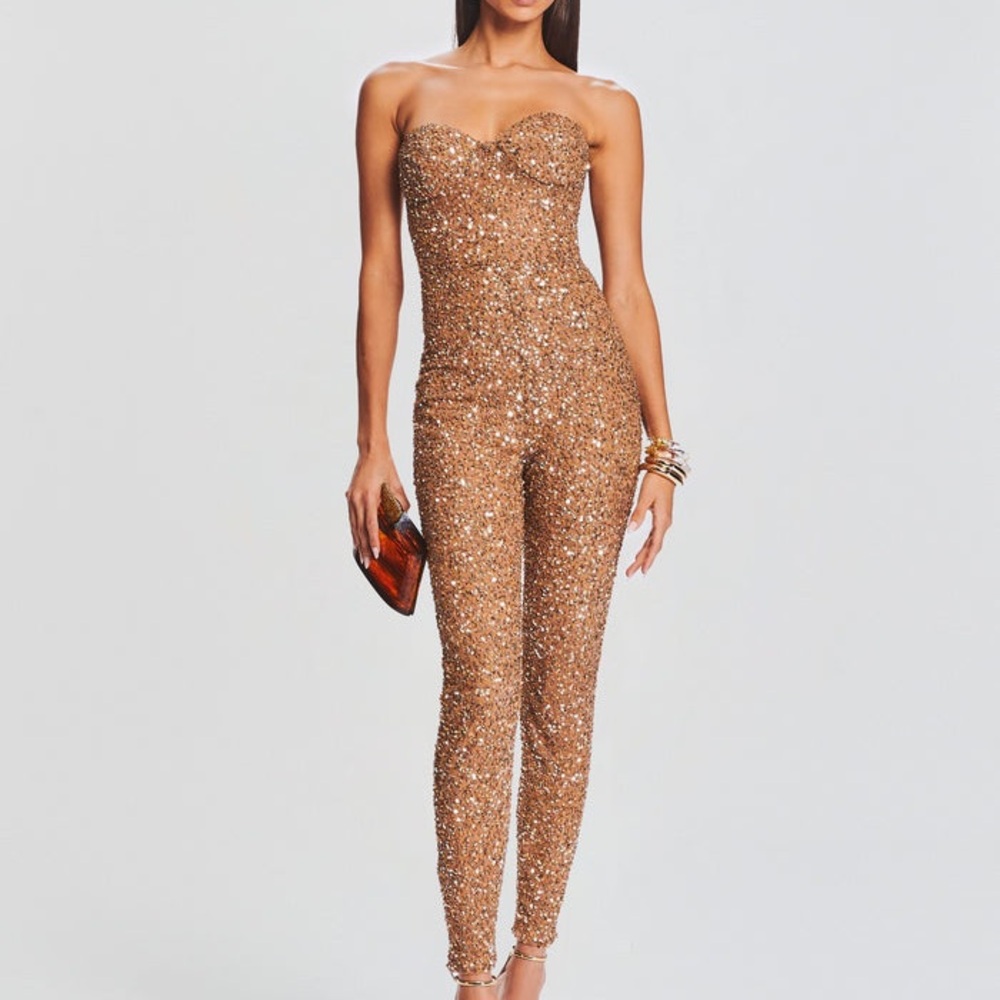 Retrofête Eloide Sequin Strapless Jumpsuit in Gold/ Tannin